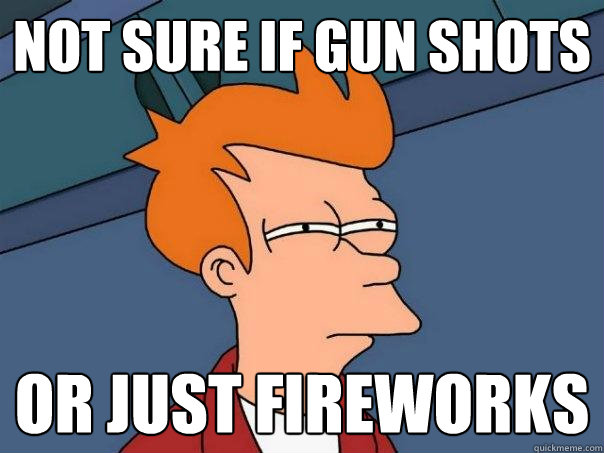 not sure if gun shots or just fireworks - not sure if gun shots or just fireworks  Futurama Fry