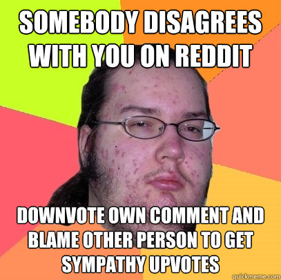 Somebody disagrees with you on reddit downvote own comment and blame other person to get sympathy upvotes  Butthurt Dweller