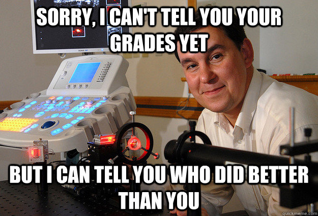 Sorry, I can't tell you your grades yet but I can tell you who did better than you  