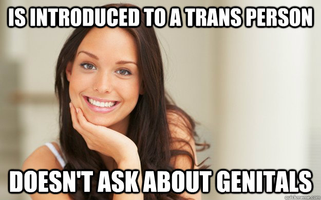 Is introduced to a trans person Doesn't ask about genitals  Good Girl Gina