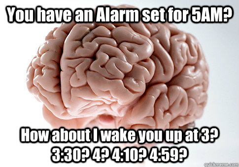 You have an Alarm set for 5AM? How about I wake you up at 3? 3:30? 4? 4:10? 4:59?    Scumbag Brain