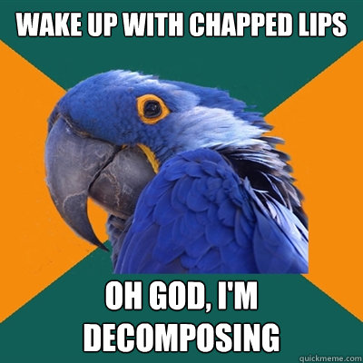 wake up with chapped lips Oh God, I'm decomposing - wake up with chapped lips Oh God, I'm decomposing  Paranoid Parrot