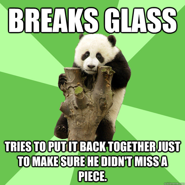 Breaks Glass Tries to put it back together just to make sure he didn't miss a piece. - Breaks Glass Tries to put it back together just to make sure he didn't miss a piece.  Paranoid Panda