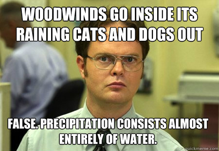 Woodwinds go inside its raining cats and dogs out FALSE. Precipitation consists almost entirely of water.  Dwight