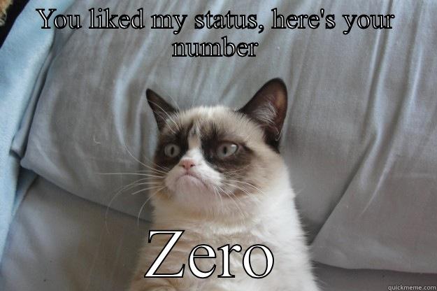 YOU LIKED MY STATUS, HERE'S YOUR NUMBER ZERO Grumpy Cat