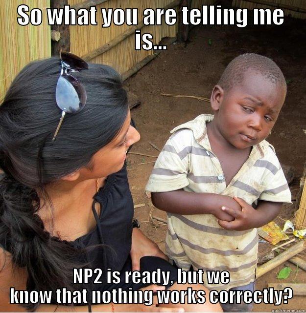 SO WHAT YOU ARE TELLING ME IS... NP2 IS READY, BUT WE KNOW THAT NOTHING WORKS CORRECTLY? Skeptical Third World Kid