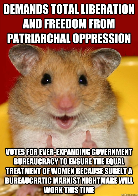 demands total liberation and freedom from patriarchal oppression Votes for ever-expanding government bureaucracy to ensure the equal treatment of women because surely a bureaucratic marxist nightmare will work this time   Rationalization Hamster