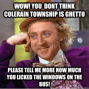 wow! you  dont think colerain township is ghetto please tell me more how much you licked the windows on the bus! - wow! you  dont think colerain township is ghetto please tell me more how much you licked the windows on the bus!  Condescending Wonka