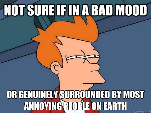 Not sure if in a bad mood Or genuinely surrounded by most annoying people on earth  Futurama Fry