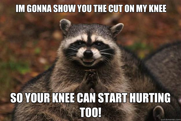 im gonna show you the cut on my knee so your knee can start hurting too!  Evil Plotting Raccoon