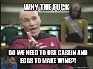 why the fuck do we need to use casein and eggs to make wine?!  Annoyed Picard