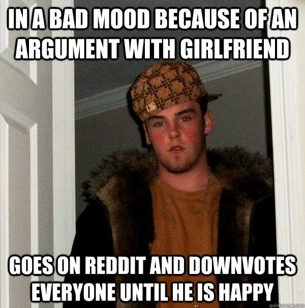 In a bad mood because of an argument with girlfriend goes on reddit and downvotes everyone until he is happy  Scumbag Steve