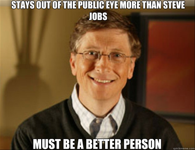 stays out of the public eye more than steve jobs must be a better person  Good guy gates