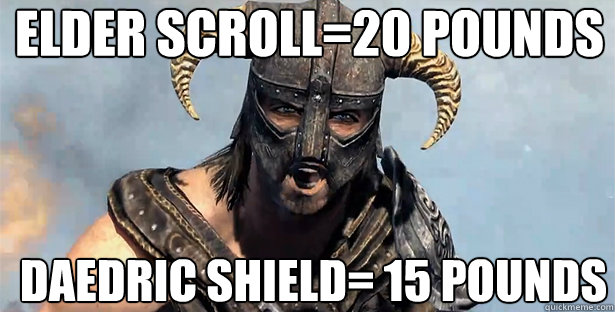 Elder scroll=20 pounds daedric shield= 15 pounds  skyrim