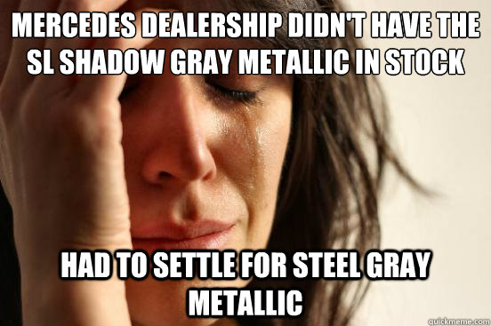 mercedes dealership didn't have the SL Shadow Gray MetalLIC in stock had to settle for Steel Gray Metallic  First World Problems