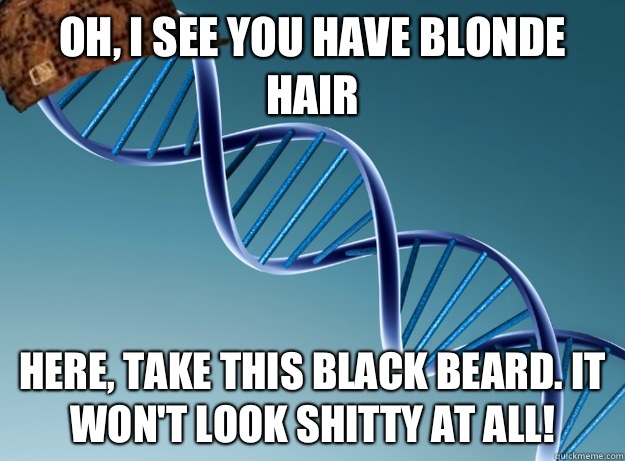 Oh, I see you have blonde hair here, take this black beard. it won't look shitty at all!  Scumbag Genetics