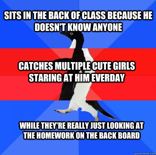 Sits in the back of class because he doesn't know anyone Catches multiple cute girls staring at him everday While they're really just looking at the homework on the back board - Sits in the back of class because he doesn't know anyone Catches multiple cute girls staring at him everday While they're really just looking at the homework on the back board  Socially Awkward Awesome Awkward Penguin