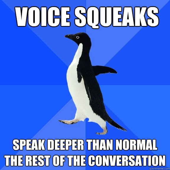  voice squeaks Speak deeper than normal the rest of the conversation -  voice squeaks Speak deeper than normal the rest of the conversation  Socially Awkward Penguin