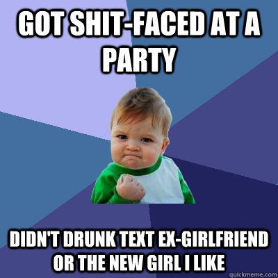 Got shit-faced at a party didn't drunk text ex-girlfriend or the new girl i like  Success Kid