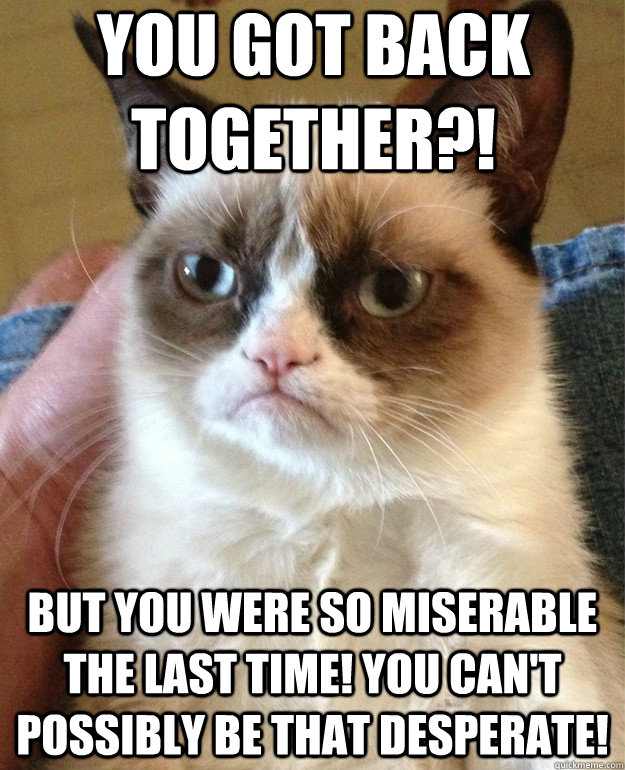 You got back together?! But you were so miserable the last time! You can't possibly be that desperate! - You got back together?! But you were so miserable the last time! You can't possibly be that desperate!  Grumpy Cat