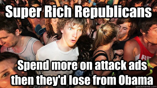 Super Rich Republicans Spend more on attack ads then they'd lose from Obama  Sudden Clarity Clarence