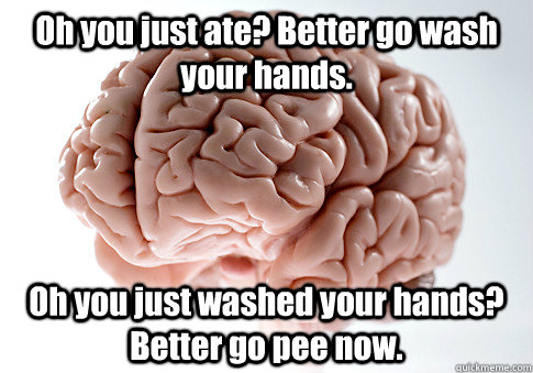 Oh you just ate? Better go wash your hands. Oh you just washed your hands? Better go pee now.   Scumbag Brain