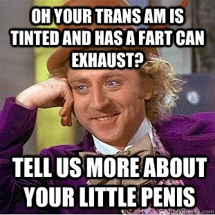 Oh your Trans am is tinted and has a fart can exhaust? tell us more about your little penis  Condescending Wonka