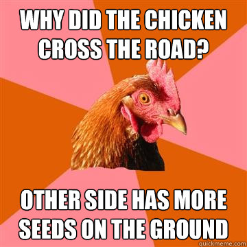 Why did the chicken cross the road? Other side has more seeds on the ground  Anti-Joke Chicken