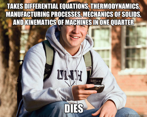 Takes Differential Equations, Thermodynamics, Manufacturing Processes, Mechanics of Solids, and Kinematics of Machines in one quarter Dies - Takes Differential Equations, Thermodynamics, Manufacturing Processes, Mechanics of Solids, and Kinematics of Machines in one quarter Dies  College Freshman