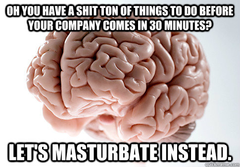 Oh you have a shit ton of things to do before your company comes in 30 minutes? Let's masturbate instead.   Scumbag Brain