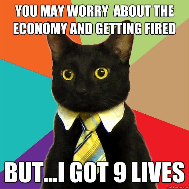 You may worry  about the economy and getting fired But...I got 9 lives  Business Cat