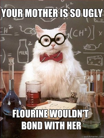 Your mother is so ugly Flourine wouldn't
 bond with her  Chemistry Cat