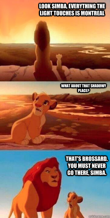 look simba, everything the light touches is Montreal what about that shadowy place? That's Brossard. You must never go there, Simba.  SIMBA