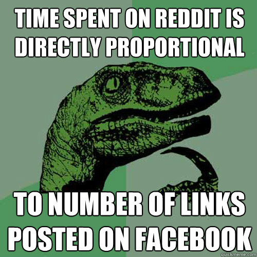 time spent on reddit is directly proportional  to number of links posted on facebook  Philosoraptor