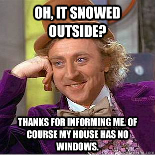 Oh, it snowed outside? Thanks for informing me. Of course my house has no windows.  Condescending Wonka