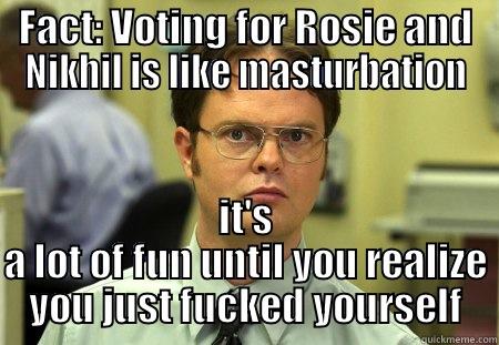 FACT: VOTING FOR ROSIE AND NIKHIL IS LIKE MASTURBATION IT'S A LOT OF FUN UNTIL YOU REALIZE YOU JUST FUCKED YOURSELF Schrute