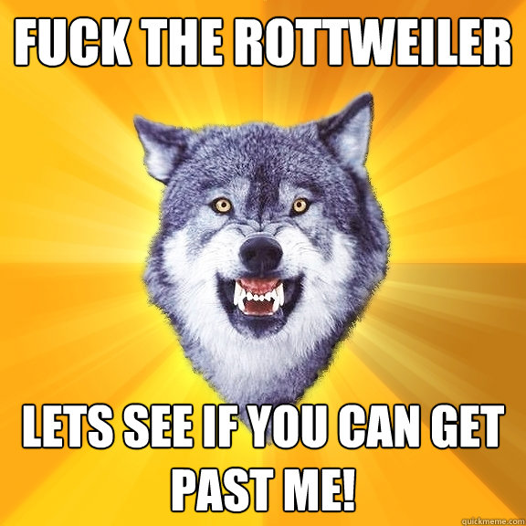 fuck the rottweiler lets see if you can get past me!  Courage Wolf