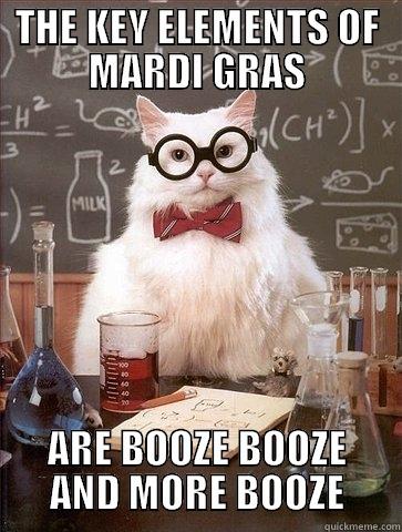 MARDI GRAS MEMES - THE KEY ELEMENTS OF MARDI GRAS ARE BOOZE BOOZE AND MORE BOOZE Chemistry Cat