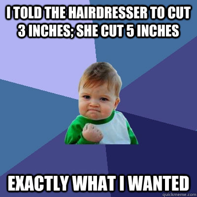 I told the hairdresser to cut 3 inches; she cut 5 inches exactly what I wanted  Success Kid