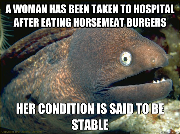 A woman has been taken to hospital after eating horsemeat burgers Her condition is said to be stable  Bad Joke Eel