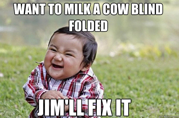 want to milk a cow blind folded  Jim'll fix it   Evil Toddler