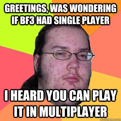 Greetings, was wondering if bf3 had single player i heard you can play it in multiplayer  Butthurt Dweller