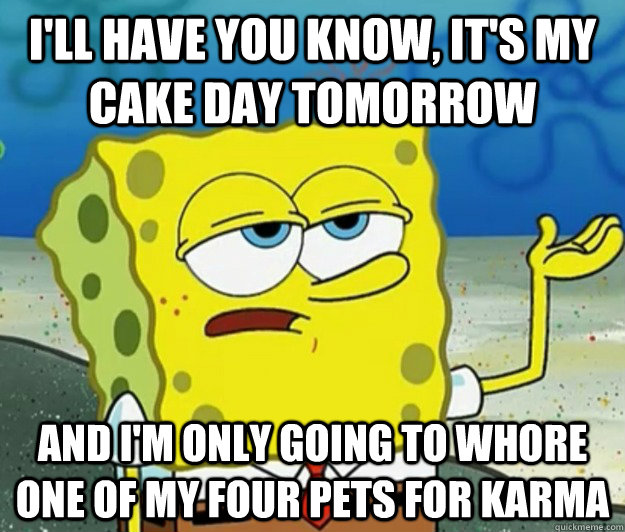 I'll have you know, IT'S MY CAKE DAY TOMORROW  and i'm only going to whore one of my four pets for karma  Tough Spongebob