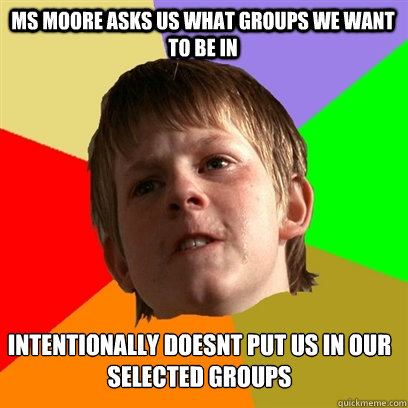 Ms Moore asks us what groups we want to be in intentionally doesnt put us in our selected groups  Angry School Boy