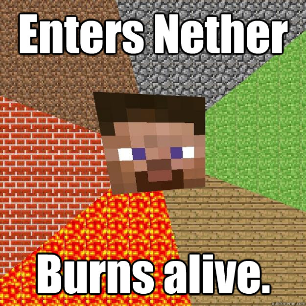 Enters Nether Burns alive.  Minecraft