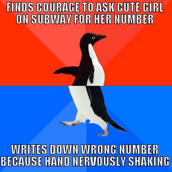 FINDS COURAGE TO ASK CUTE GIRL ON SUBWAY FOR HER NUMBER WRITES DOWN WRONG NUMBER BECAUSE HAND NERVOUSLY SHAKING Socially Awesome Awkward Penguin