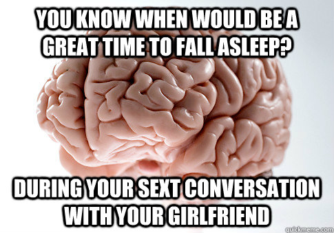 You know when would be a great time to fall asleep? During your sext conversation with your girlfriend   Scumbag Brain