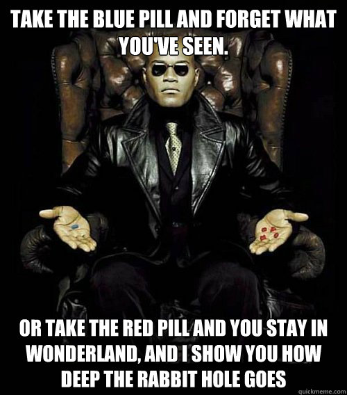 take the blue pill and forget what you've seen.  or take the red pill and you stay in wonderland, and i show you how deep the rabbit hole goes - take the blue pill and forget what you've seen.  or take the red pill and you stay in wonderland, and i show you how deep the rabbit hole goes  Morpheus