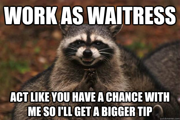 Work as waitress Act like you have a chance with me so I'll get a bigger tip  Evil Plotting Raccoon