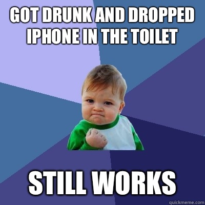 Got drunk and dropped iPhone in the toilet Still works  Success Kid